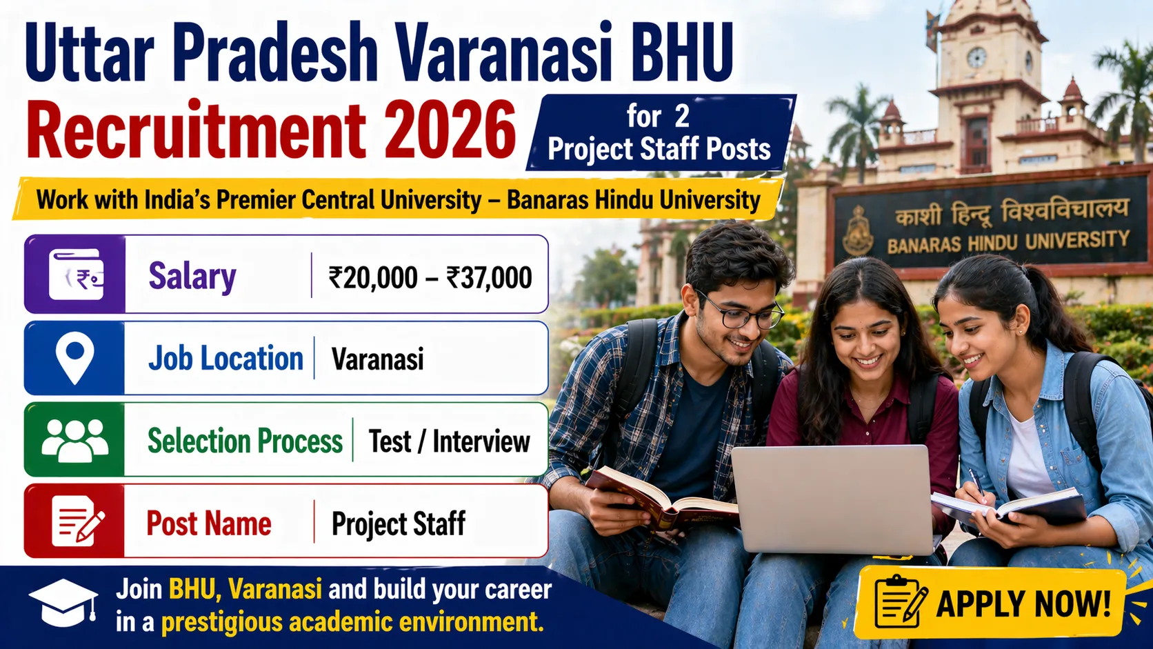 Uttar Pradesh Varanasi BHU Recruitment 2026 for 2 Project Staff Posts